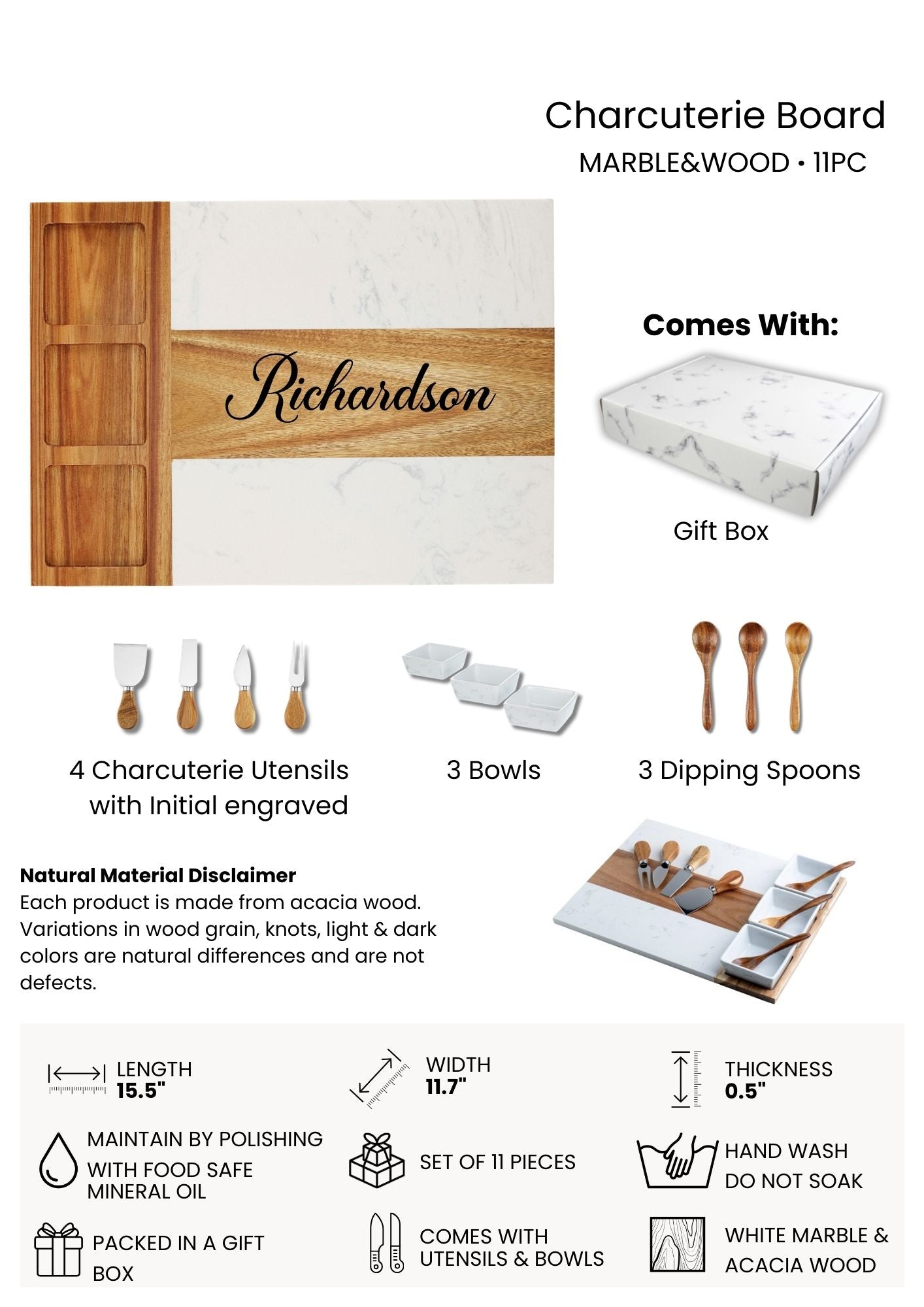 Marble & Wood Charcuterie Board 11pc