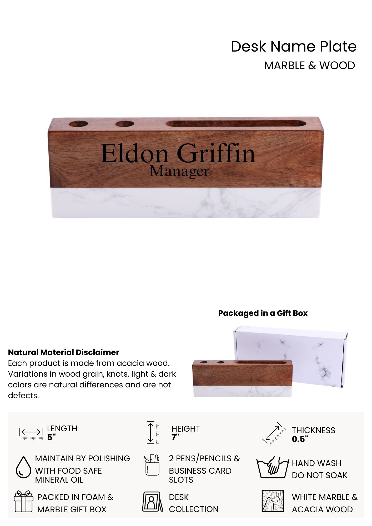 Desk Name Plate with Business Card & Pen Holders